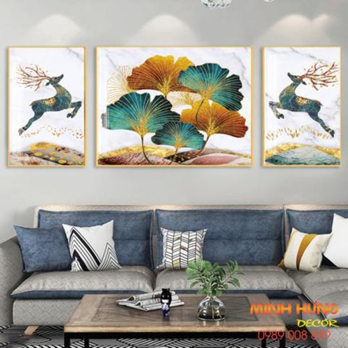 Tranh tráng gương 2 chú huơu và lá rẻ quạt TGH8341