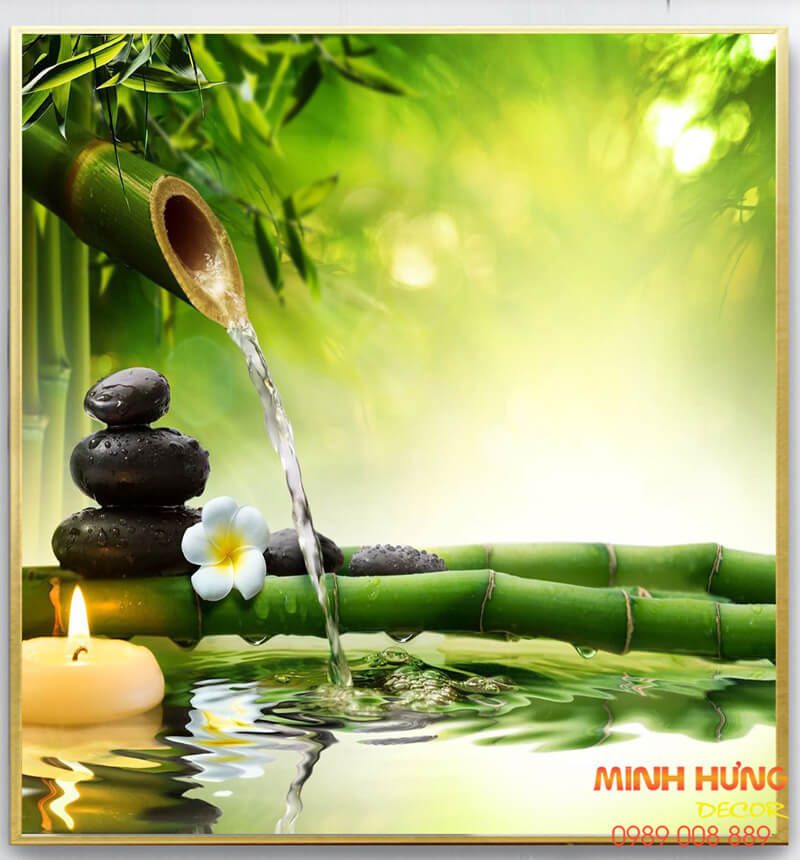 Tranh spa phong thủy ống tre và dòng nước mát lành mang năng lượng thư giãn cho không gian