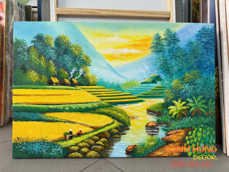 Tranh sơn dầu ruộng bậc thang và dòng suối TSD158