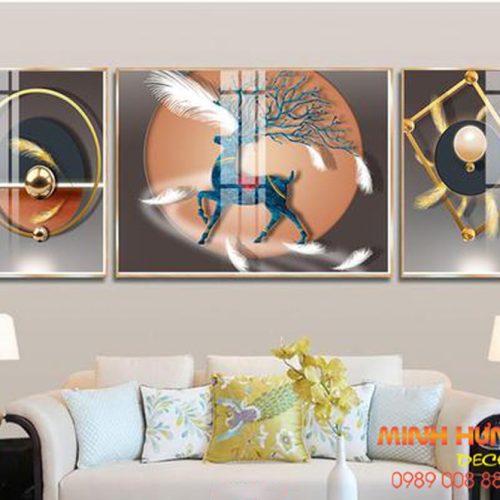 Tranh tráng gương hươu và lông vũ bay TGH8644