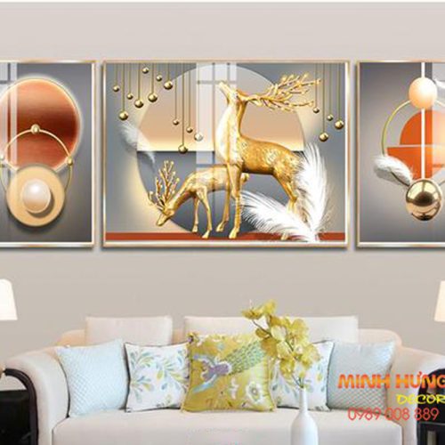 Tranh hươu song hành và lông vũ trắng TGH8671