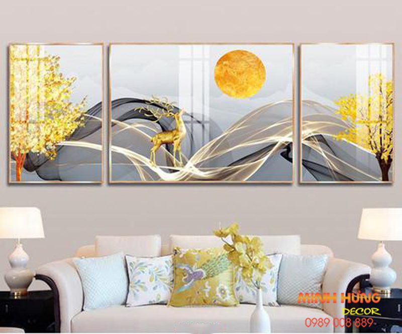 Tranh tráng gương hươu và 2 cây kim tiền vàng TGH8768