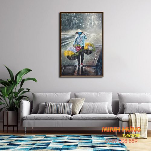 Tranh sơn dầu người gánh hoa dưới mưa TSD163