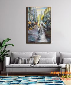 Tranh sơn dầu một chiều mưa phố cũ Sài Gòn TSD165