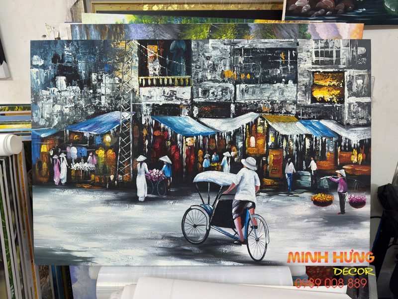 Tranh sơn dầu khu chợ tấp nập Sài Gòn xưa TSD167
