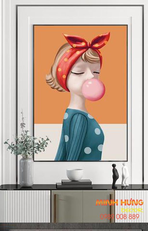 Tranh Cô Gái Buộc Nơ Thổi Kẹo Bubble Gum TGH9054