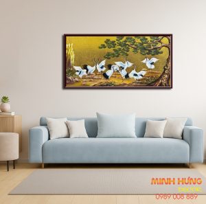 Tranh sơn dầu tùng hạc nhiên niên vàng TSD220