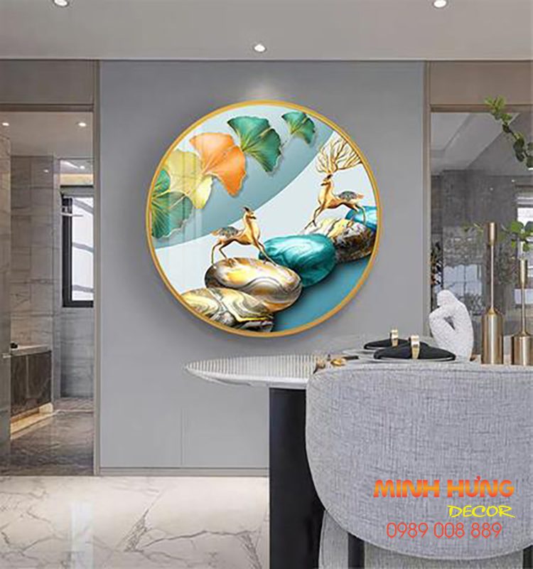 Tranh tráng gương hươu và lá ginkgo TGH9232