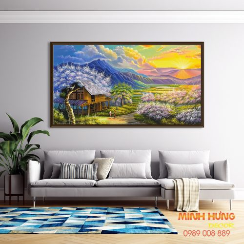 Tranh sơn dầu bình minh trên núi Tây Bắc TSD230