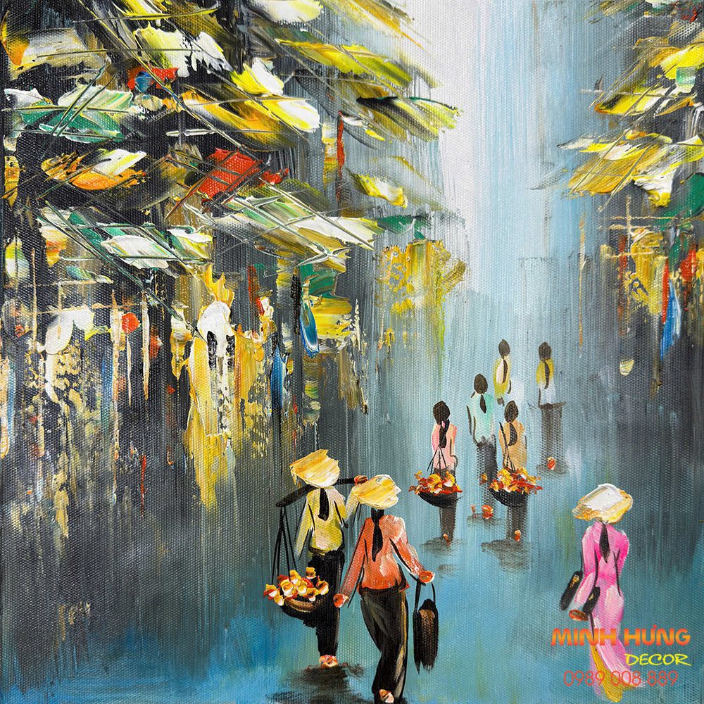 Tranh sơn dầu chợ quê gánh hoa TSD264