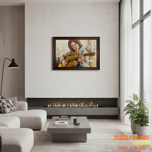 Tranh sơn dầu cô gái chơi đàn Guitar TSD349