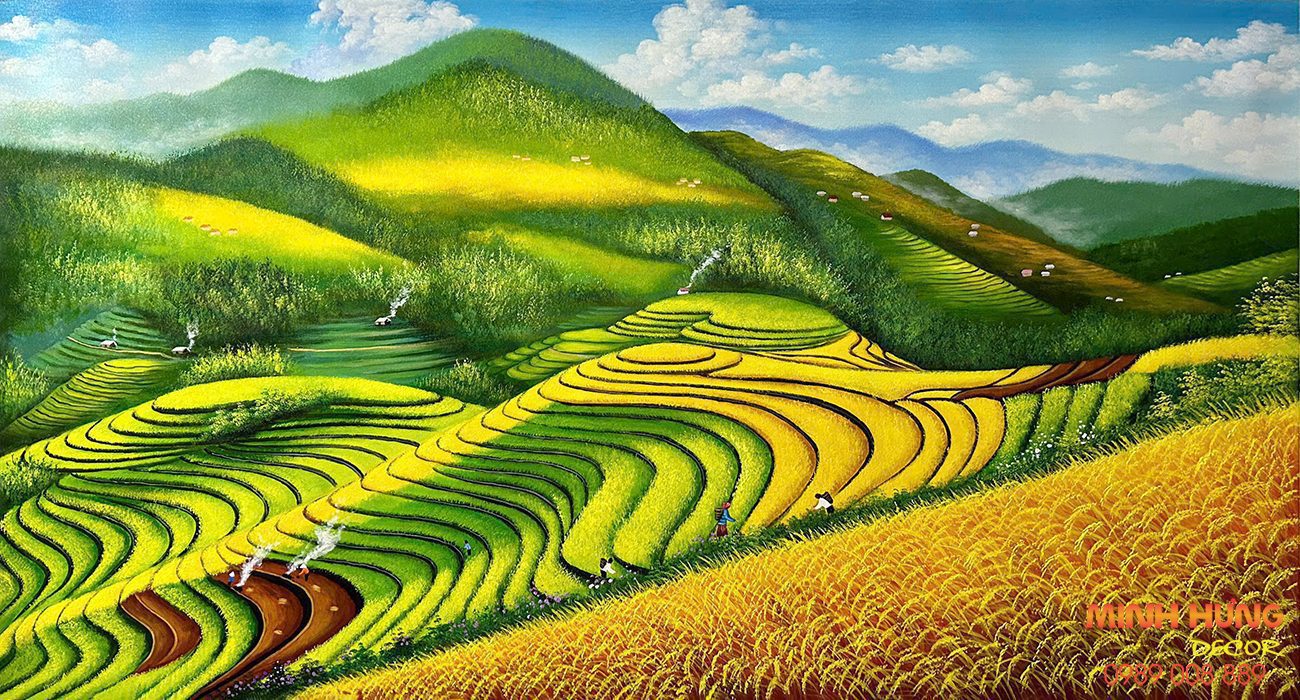 Tranh sơn dầu ruộng bậc thang mùa lúa chín TSD357
