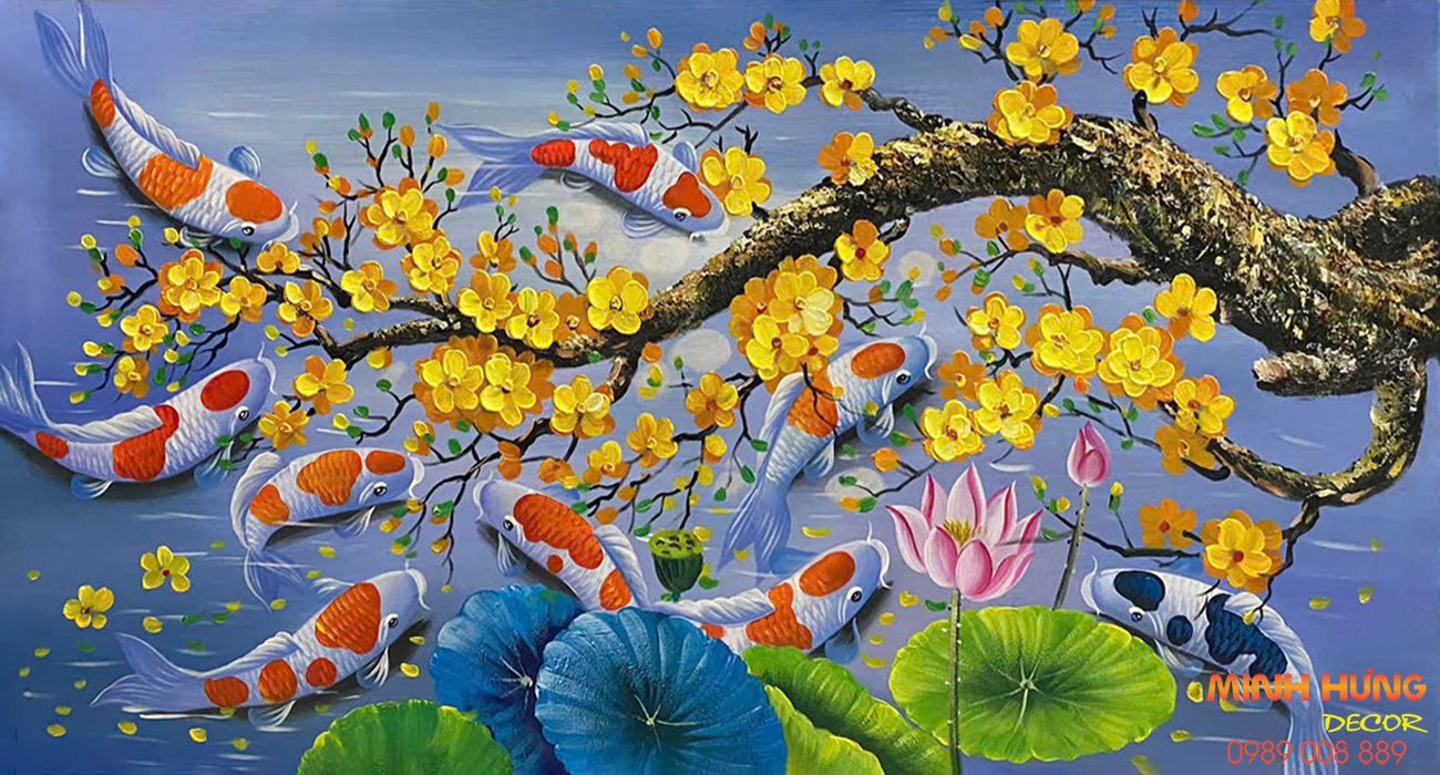 Tranh sơn dầu cửu ngư bên gốc cây mai vàng TSD358