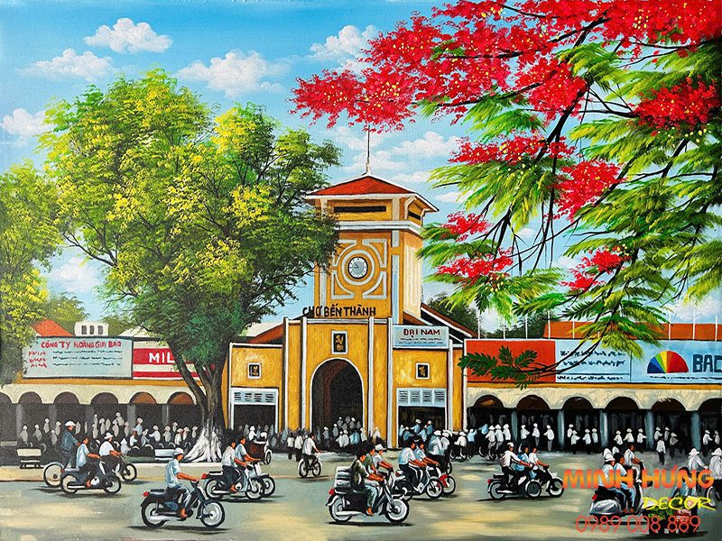 Tranh sơn dầu Phượng Đỏ Chợ Bến Thành TSD466