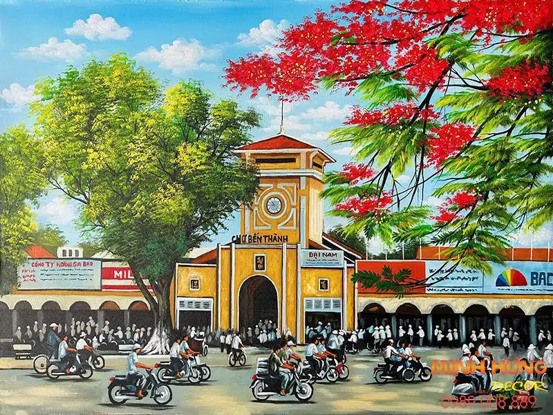Tranh sơn dầu Phượng Đỏ Chợ Bến Thành TSD466