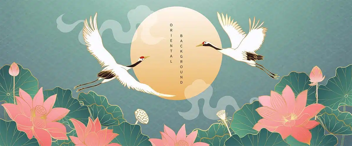 Tranh phong cách Nhật đôi hạc sóng vàng TNB002