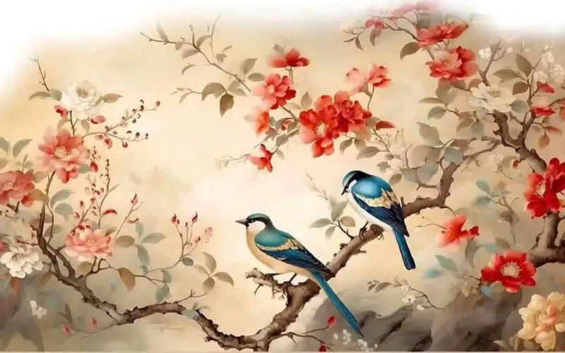Tranh uyên ương cành hoa đỏ TI003