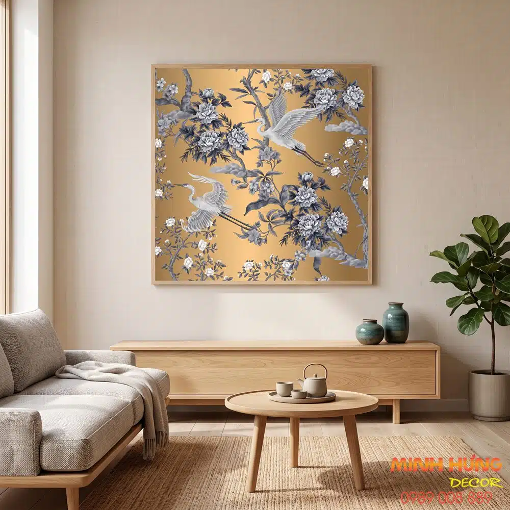 Tranh Chinoiserie song hạc sang trọng TNB013