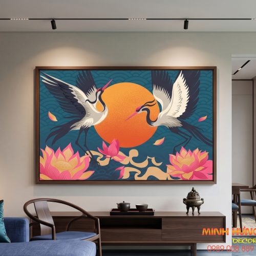 Tranh Á Đông song hạc & mặt trời đỏ TNB022