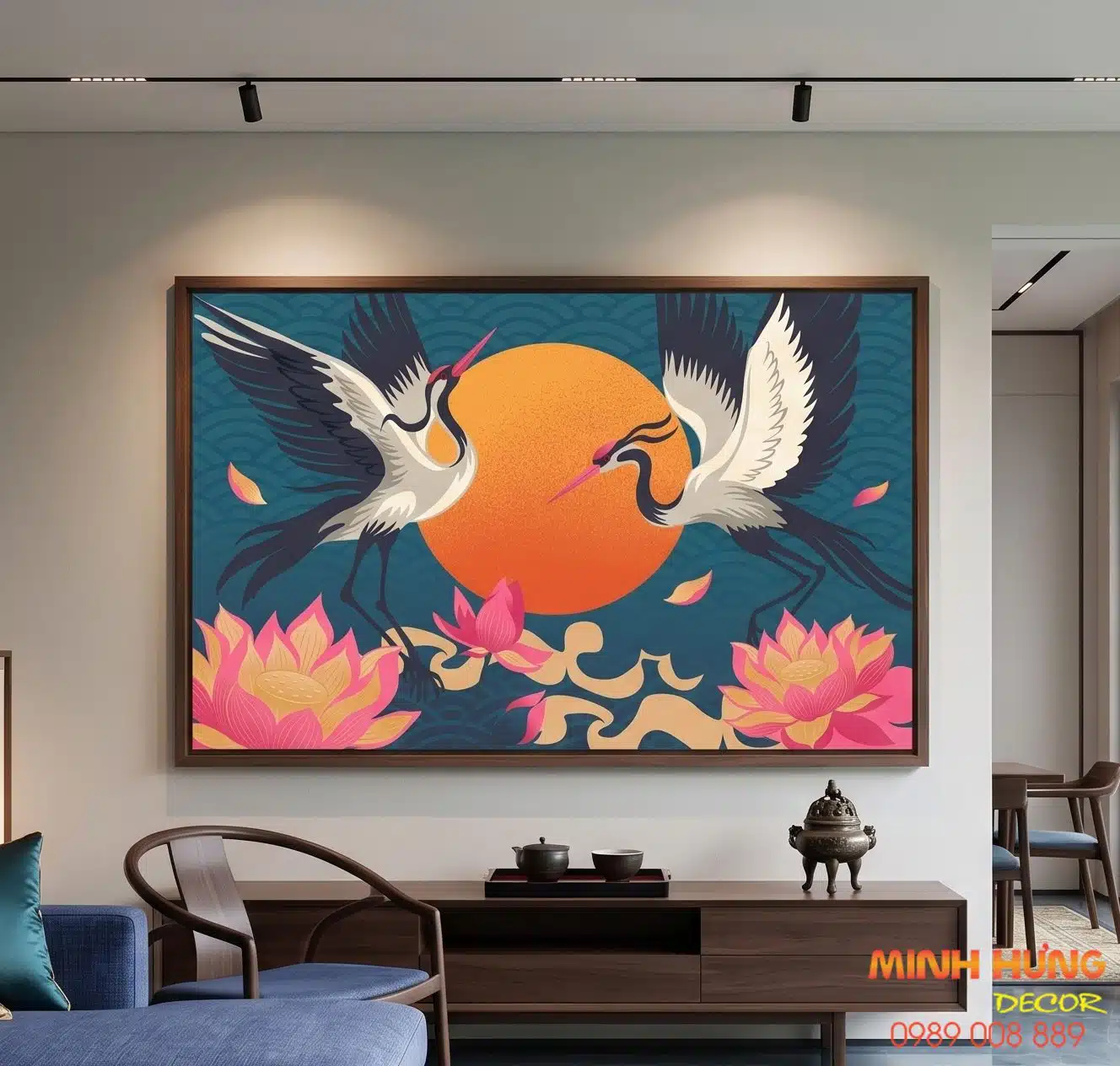 Tranh Á Đông song hạc & mặt trời đỏ TNB022