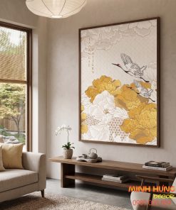 Tranh đôi hạc & hoa mẫu đơn vàng TNB023