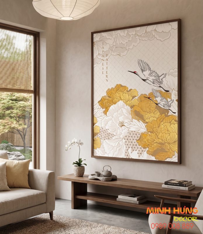 Tranh đôi hạc & hoa mẫu đơn vàng TNB023