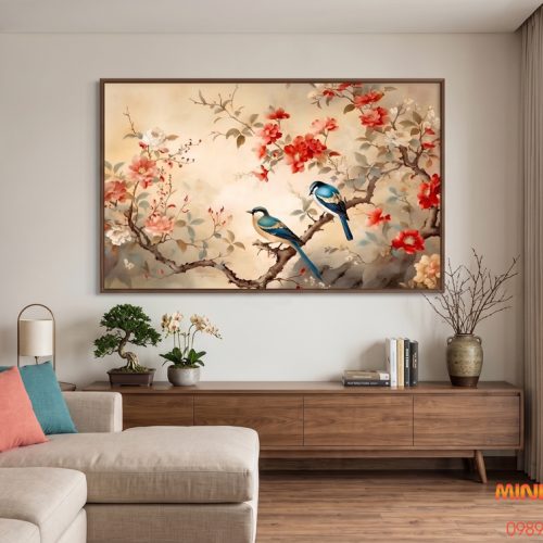 Tranh uyên ương cành hoa đỏ TI003