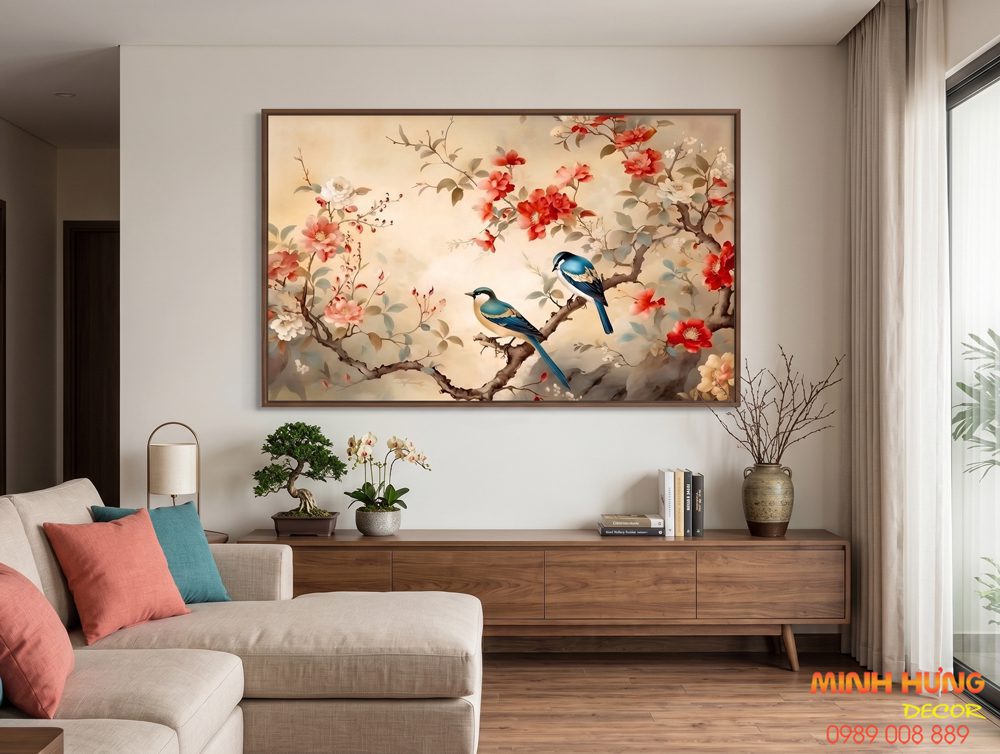 Tranh uyên ương cành hoa đỏ TI003