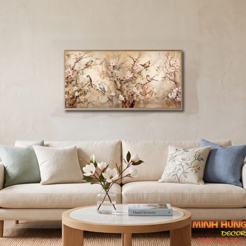 Tranh hoa điểu tone vintage be TI004