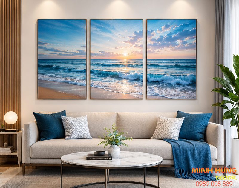 Bộ 3 tranh treo tường phong cảnh biển hoàng hôn trang trí phòng khách hiện đại