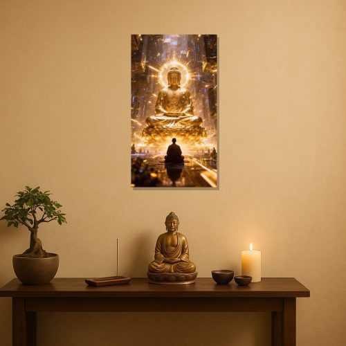 Mockup Tranh Đức Phật thiền định giữa không gian ánh sáng vàng