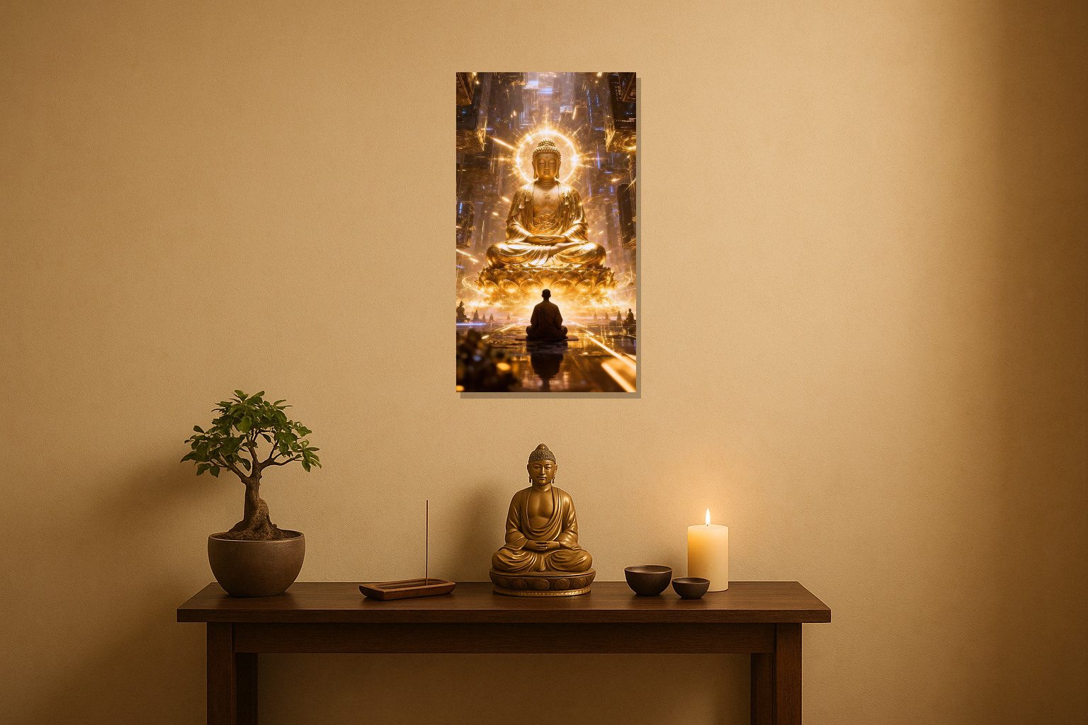Mockup Tranh Đức Phật thiền định giữa không gian ánh sáng vàng