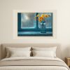 Mockup Bình hoa vàng dịu dàng bên khung cửa xanh mờ