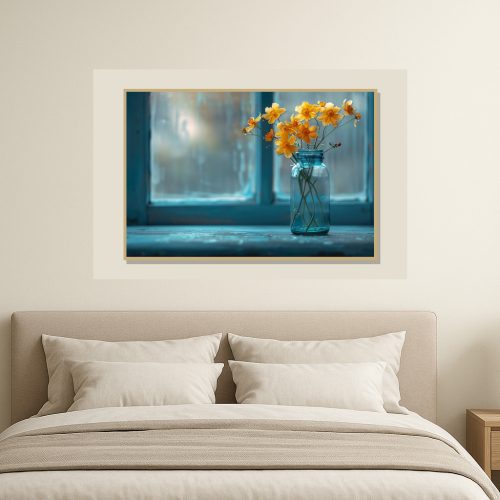 Mockup Bình hoa vàng dịu dàng bên khung cửa xanh mờ
