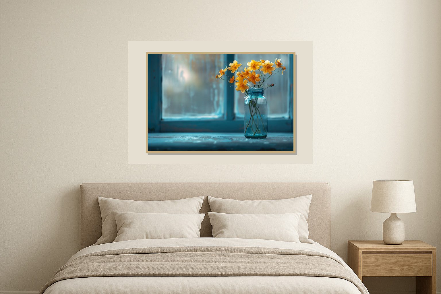 Mockup Bình hoa vàng dịu dàng bên khung cửa xanh mờ