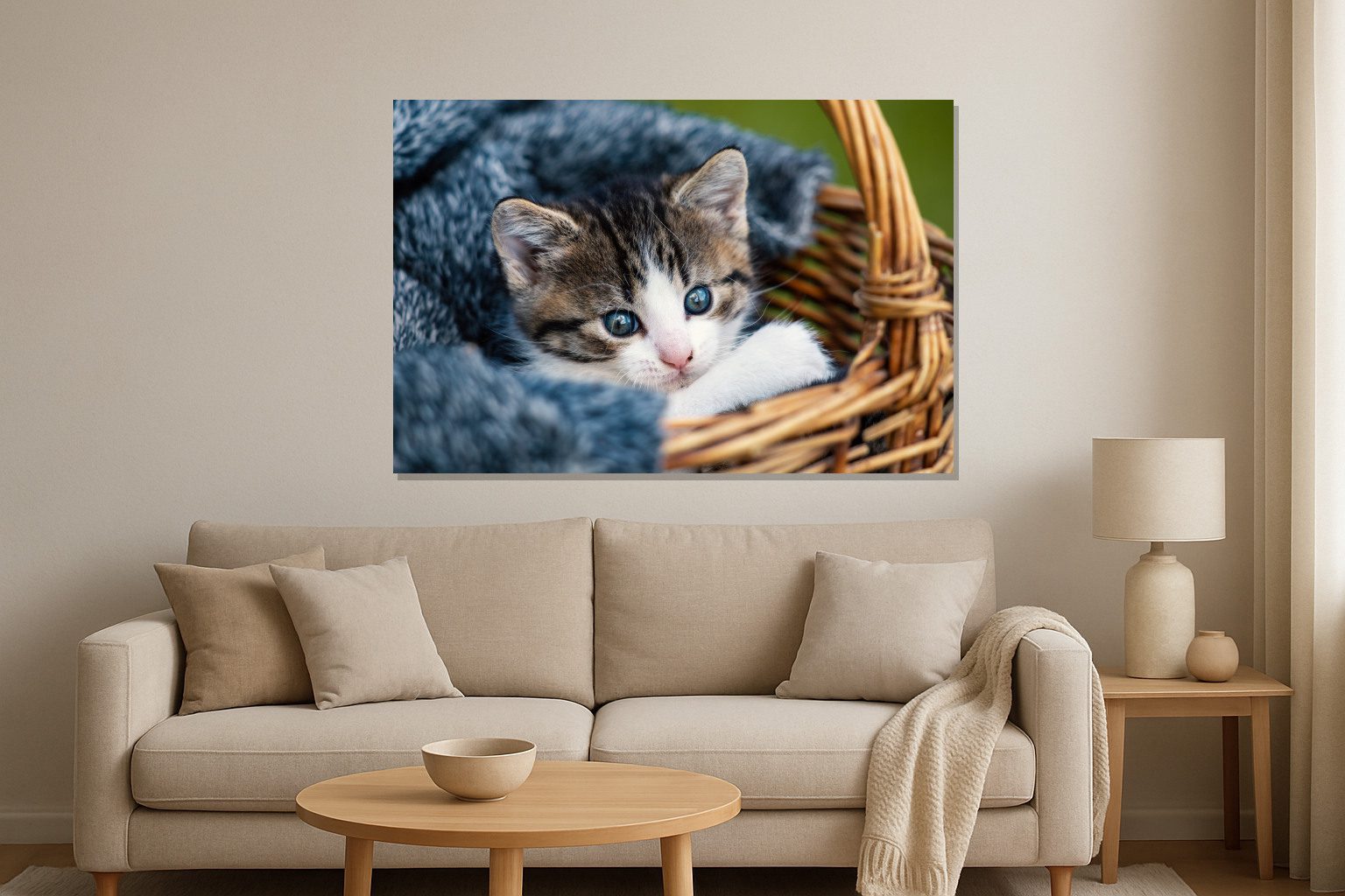 Mockup Mèo con mắt xanh nằm trong giỏ đan ấm áp