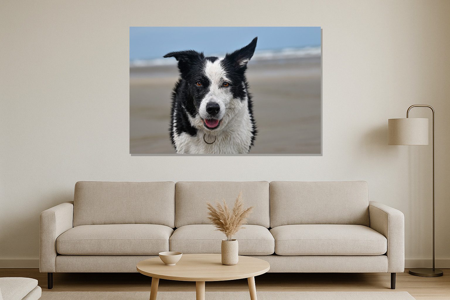 Mockup Chân dung chó Border Collie trên nền biển mờ