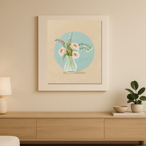 Mockup Bình hoa trắng pastel trên nền tròn xanh dịu