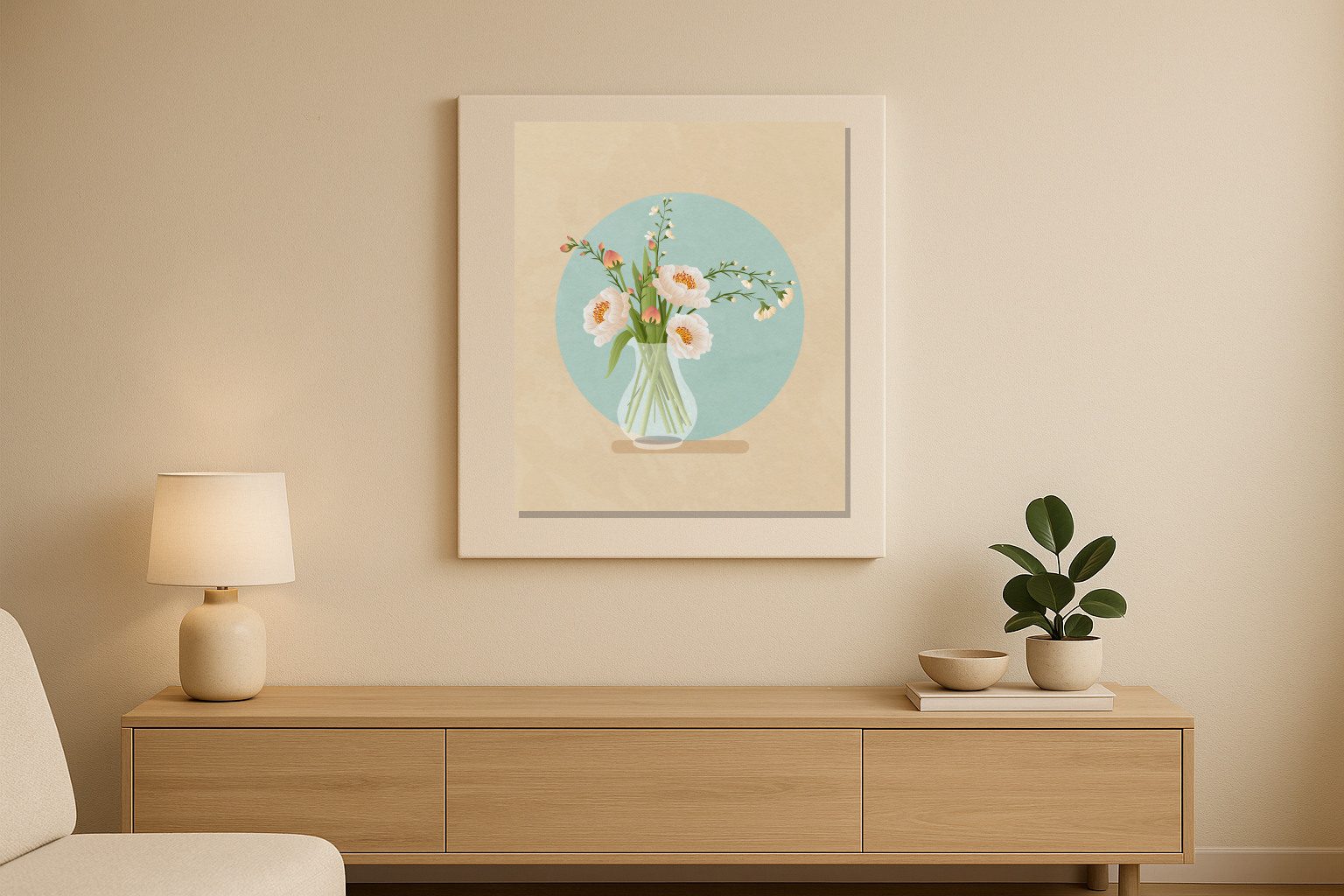 Mockup Bình hoa trắng pastel trên nền tròn xanh dịu