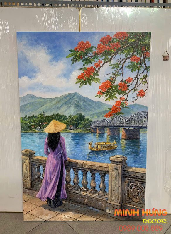 Tranh Phong Cảnh Huế – Thiếu Nữ Áo Dài Tím Bên Cầu Trường Tiền TSD490
