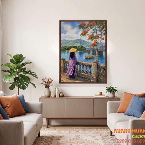 Tranh Phong Cảnh Huế – Thiếu Nữ Áo Dài Tím Bên Cầu Trường Tiền TSD490