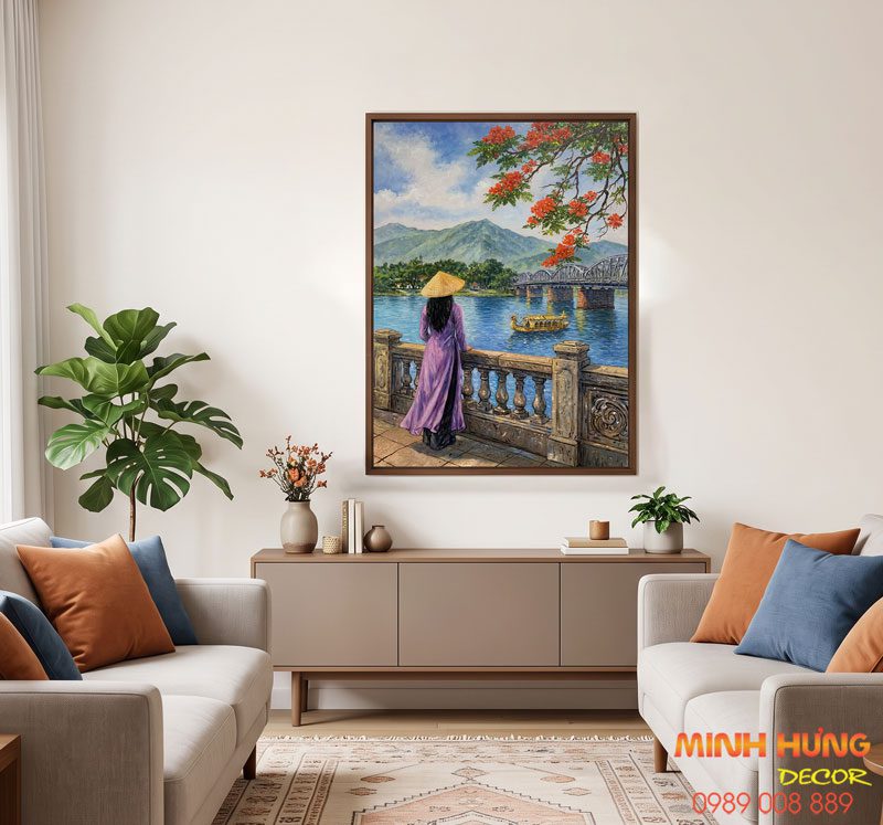 Tranh Phong Cảnh Huế – Thiếu Nữ Áo Dài Tím Bên Cầu Trường Tiền TSD490