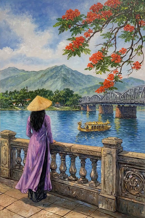Tranh Phong Cảnh Huế – Thiếu Nữ Áo Dài Tím Bên Cầu Trường Tiền TSD490