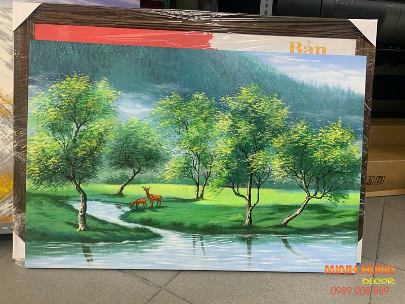 Tranh Phong Cảnh Rừng Cây Mùa Xuân & Cặp Hươu Sao Bình An TSD496