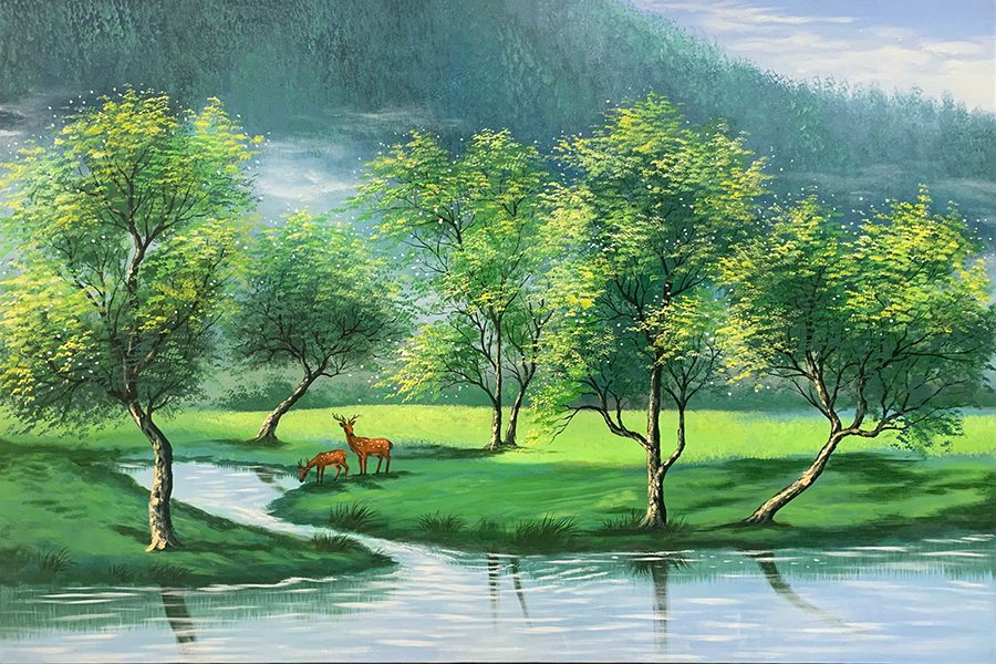Tranh Phong Cảnh Rừng Cây Mùa Xuân & Cặp Hươu Sao Bình An TSD496