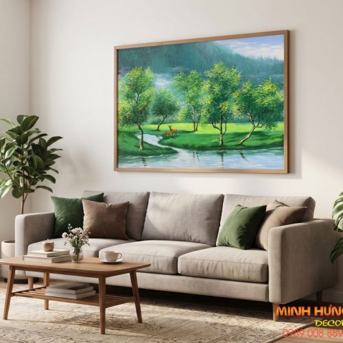 Tranh Phong Cảnh Rừng Cây Mùa Xuân & Cặp Hươu Sao Bình An TSD496