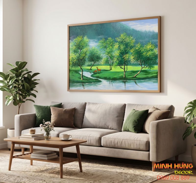 Tranh Phong Cảnh Rừng Cây Mùa Xuân & Cặp Hươu Sao Bình An TSD496
