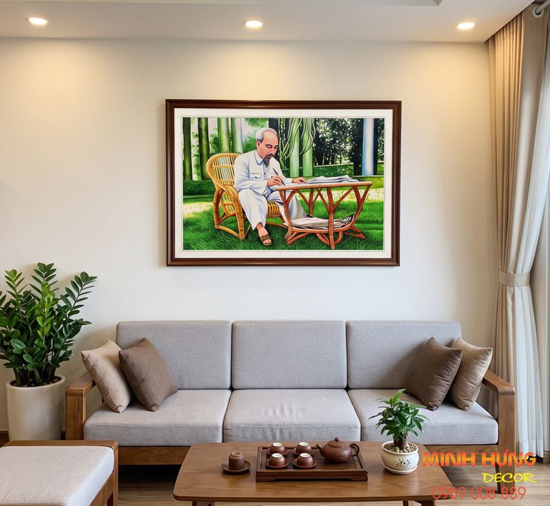 Tranh Sơn Dầu Bác Hồ Làm Việc Trong Vườn Phủ Chủ Tịch TSD497